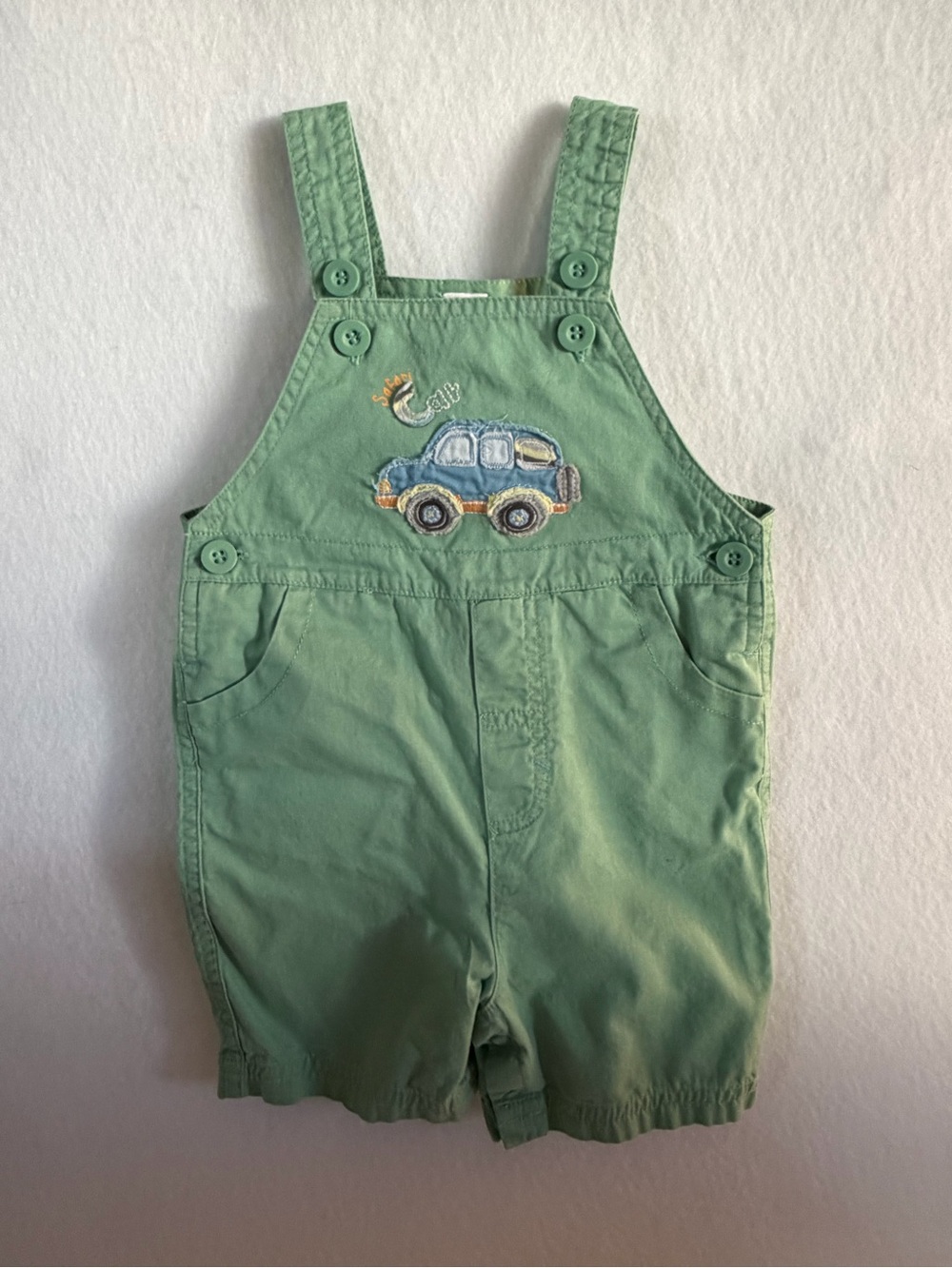 Macy's Mint Green Shortall Overalls with Car Appliqué Size 12 Months